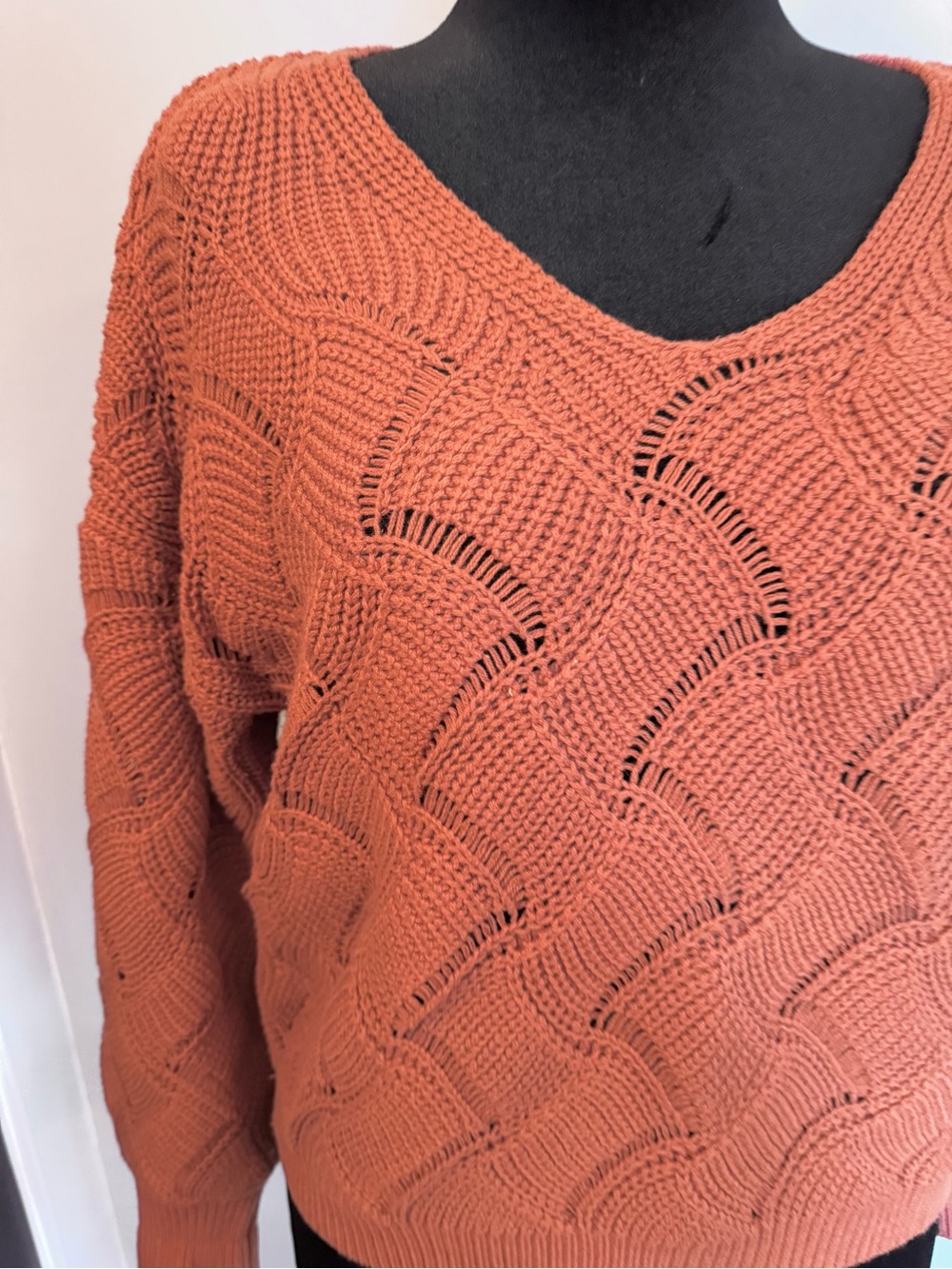 moon & madison Open-Knit V-Neck Sweater in Rust Orange - Size Large - Picture 5 of 10